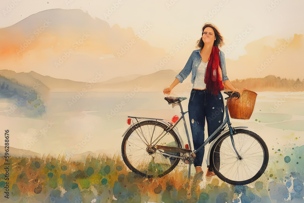 Watercolor illustration of a girl on a bicycle on the sea coast, Generative AI.
