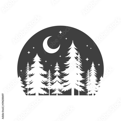 Spruce forest night nature landscape with half moon camping vintage logo design vector