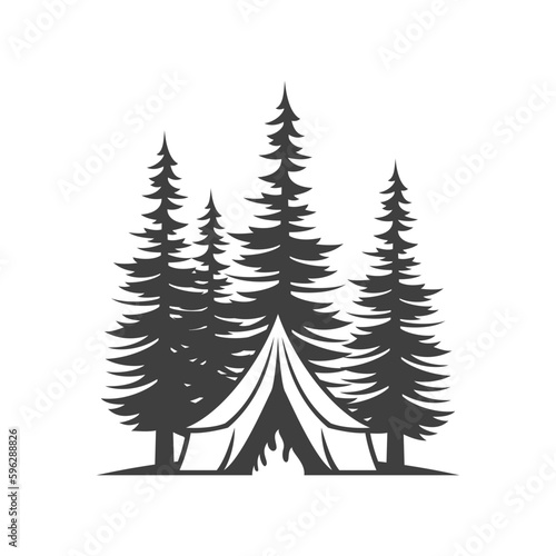 Camping tent with bonfire at spruce forest expedition halt vintage icon design vector illustration © provectors