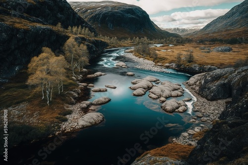 A river in ostre halsen, Norway, is framed by breathtaking surroundings in this vertical photograph. Generative AI photo