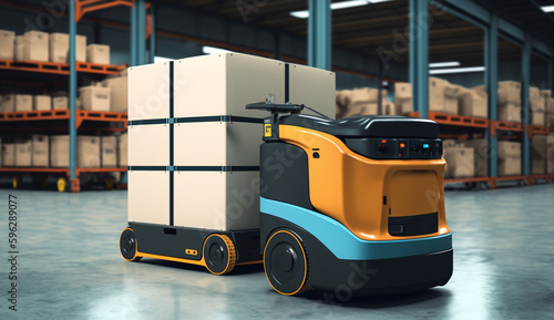 Automated guided vehicle in warehouse Robot transport system with logistics business concept. AI Generative.