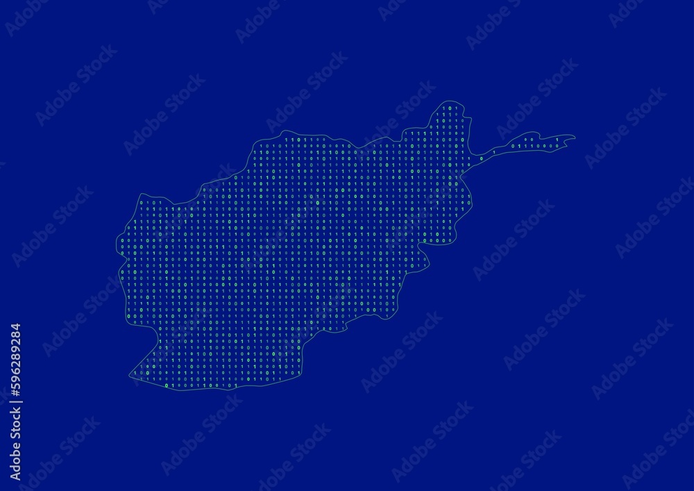 Afghanistan map for technology or innovation or internet concepts. Minimalist country border filled with 1s and 0s. File is suitable for digital editing and prints of all sizes.