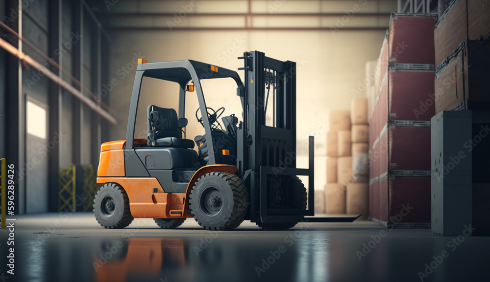 Concept image of a warehouse Forklift in the background of a large warehouse delivery. AI Generative.