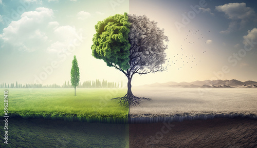 a tree in a green meadow clear air with plants and air pollution that affects climate change. AI Generative.