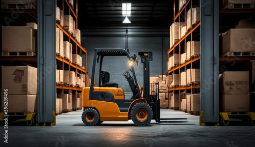 Concept image of a warehouse Forklift in the background of a large warehouse delivery. AI Generative. © Gassenee