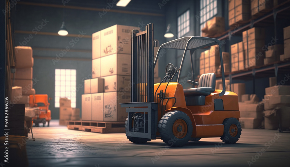 Naklejka premium Concept image of a warehouse Forklift in the background of a large warehouse delivery. AI Generative.