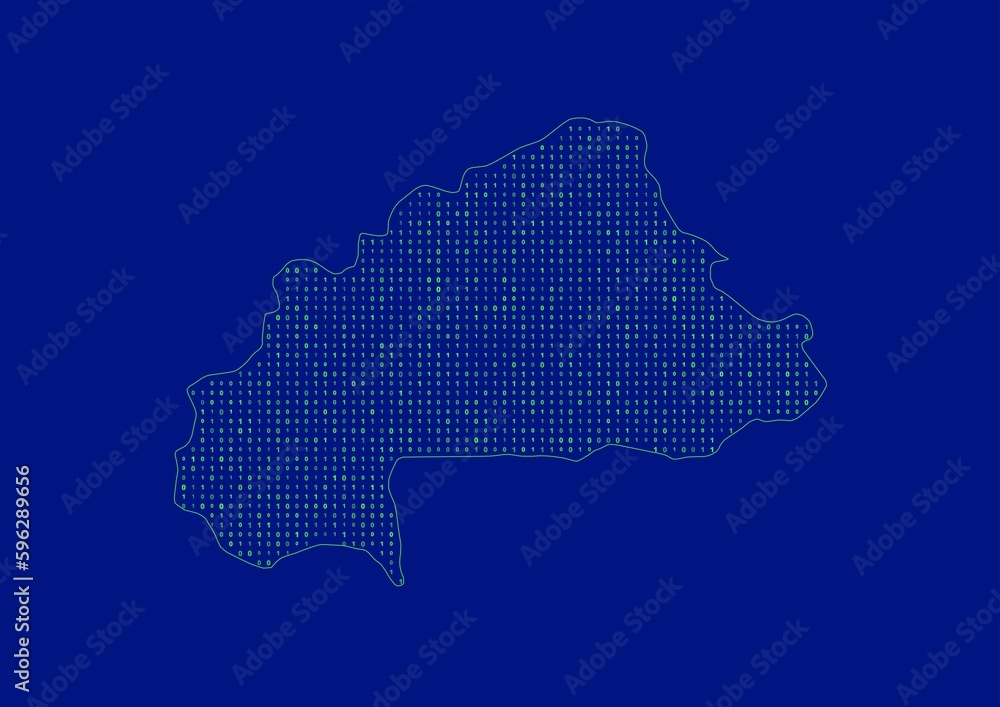 Burkina Faso map for technology or innovation or internet concepts. Minimalist country border filled with 1s and 0s. File is suitable for digital editing and prints of all sizes.