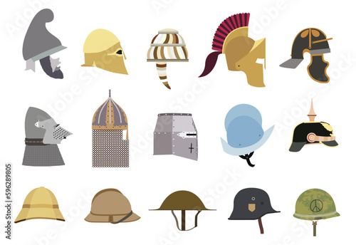 Vector illustration of old Antiquity military helmets. Helmets of various armies throughout history.