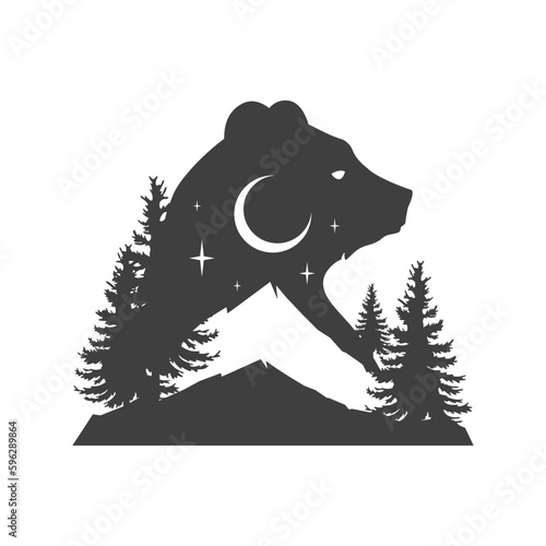 Bear mountain night forest camping double exposure effect monochrome vintage logo design vector