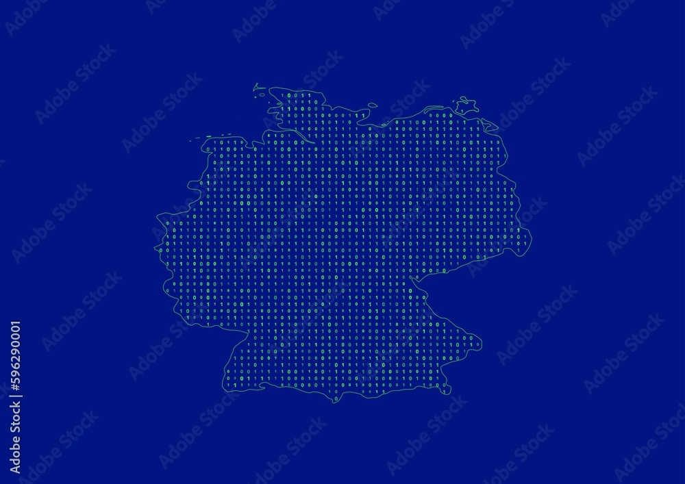Germany map for technology or innovation or internet concepts. Minimalist country border filled with 1s and 0s. File is suitable for digital editing and prints of all sizes.