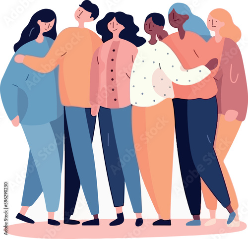 Group of abstract diverse people, man and woman, Friends or coworkers are standing, hugging, posing together. cartoon characters. Teamwork, togetherness, friendship concept. Hand drawn colorful Vector