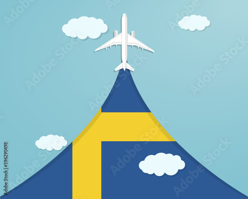 Travel to Sweden by flight, destination concept, paper cut vacation idea