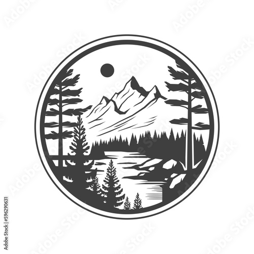 Camping nature hiking expedition mountain river forest circle vintage logo design vector