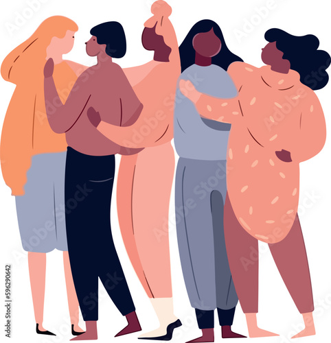 Group of abstract diverse people, man and woman, Friends or coworkers are standing, hugging, posing together. cartoon characters. Teamwork, togetherness, friendship concept. Hand drawn colorful Vector