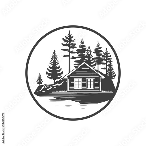 Fotografiet Camping cabin hut wooden scout house nature summer vacation circle vintage logo