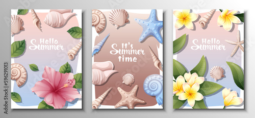 Set of cards with frangipani flowers, hibiscus, sea shells, clams, starfish. Summer background with tropical plants and marine life.