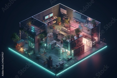 An isometric image visualizing an AI-generated concept. Generative AI