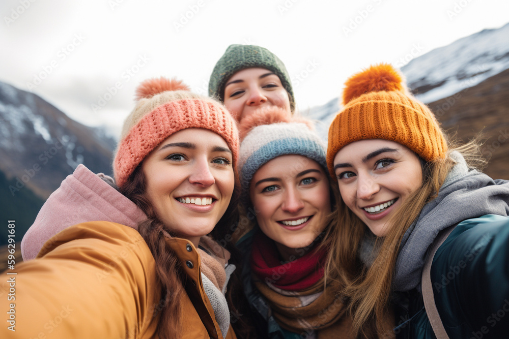 Group of girls taking a selfie on the moutain Group of girls taking a selfie on the moutain