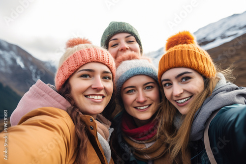  Group of girls taking a selfie on the moutain