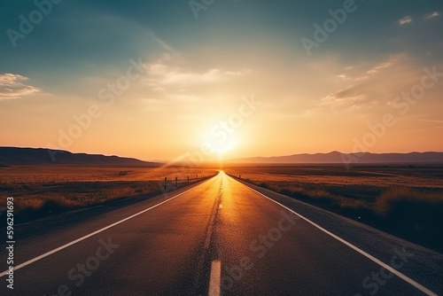 A straight road on a trip with sunset © Maximilien