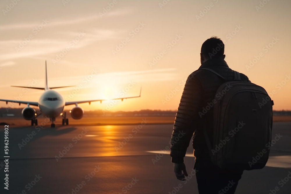 man traveling holding luggage on an airppport road at sunset