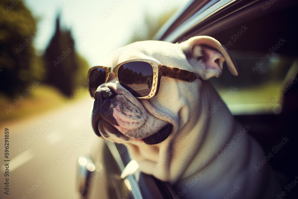 A dog enjoying the sun on a road trip wearing sunglasses