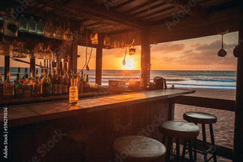 Beach bar on a summer sunset, generative IA