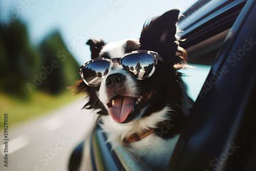 A dog enjoying the sun on a road trip wearing sunglasses, © Maximilien