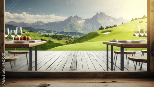 Beautiful outdoor terrace and chairs on the sunny balcony views with mountain views in the background. Generative Ai. © Gassenee