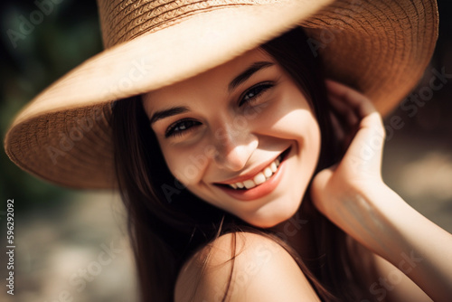 Woman wearing a straw hat smiling on a Wheat Field © Maximilien