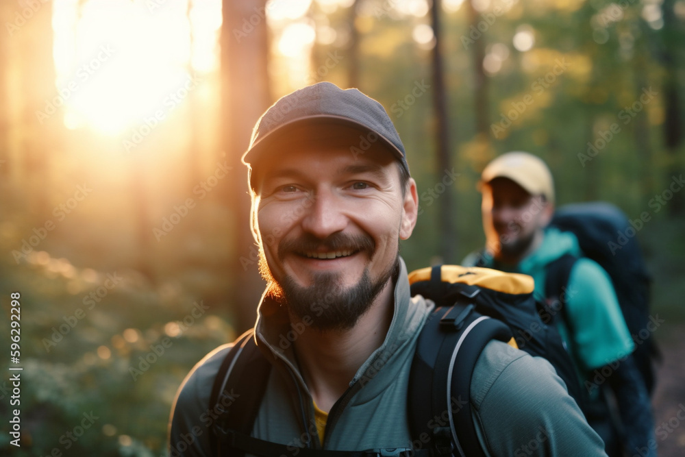 two man hiking on the forest with sun reflection and blurry background two man hiking on the forest with sun reflection and blurry background