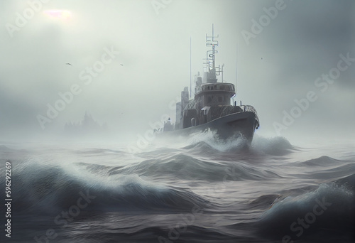 The ship sails on the sea surface with fog on the background. Generative AI