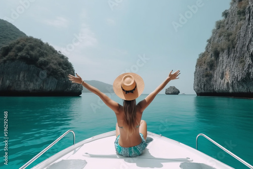 Woman Having fun on a boat with sea landscape