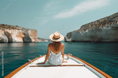 Woman  relaxing on a boat with sea landscape © Maximilien