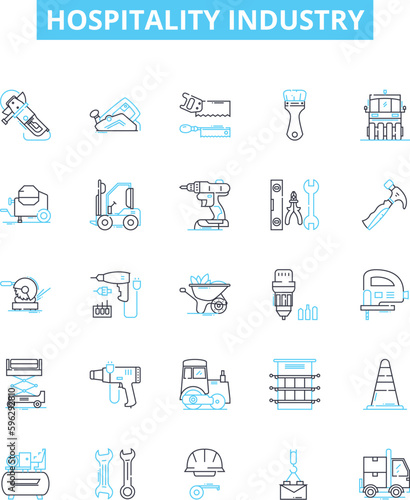 Hospitality industry vector line icons set. Hospitality, Industry, Tourism, Hotels, Restaurants, Catering, Accommodation illustration outline concept symbols and signs