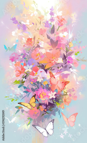 Delicate romantic floral illustration with butterflies and flowers in soft and blurred pastel colors. Generative AI