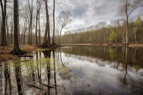 Scenic lakeside at Higgins Lake State Park, Michigan. Generative AI photo