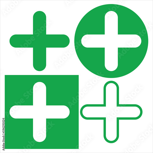 Green plus sign collection. Positive symbol set on white background. EPS10 Flat vector icon.