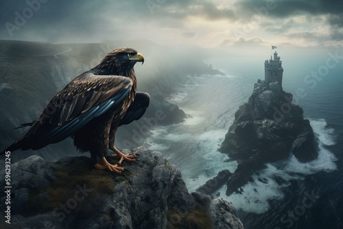 Majestic eagle with outstretched wings perched on a cliff overlooking the misty ocean, portrayed in stunning oil and acrylic fantasy art. Generative AI