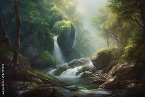 Lovely forest waterfall painting. Generative AI