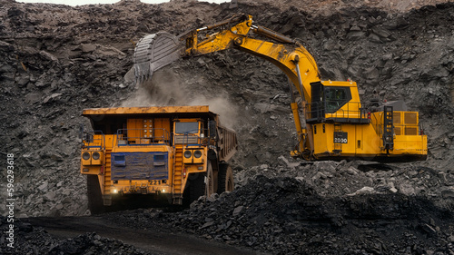 A huge excavator loads rock formation into the back of a heavy mining dump truck. Open pit coal mining.
