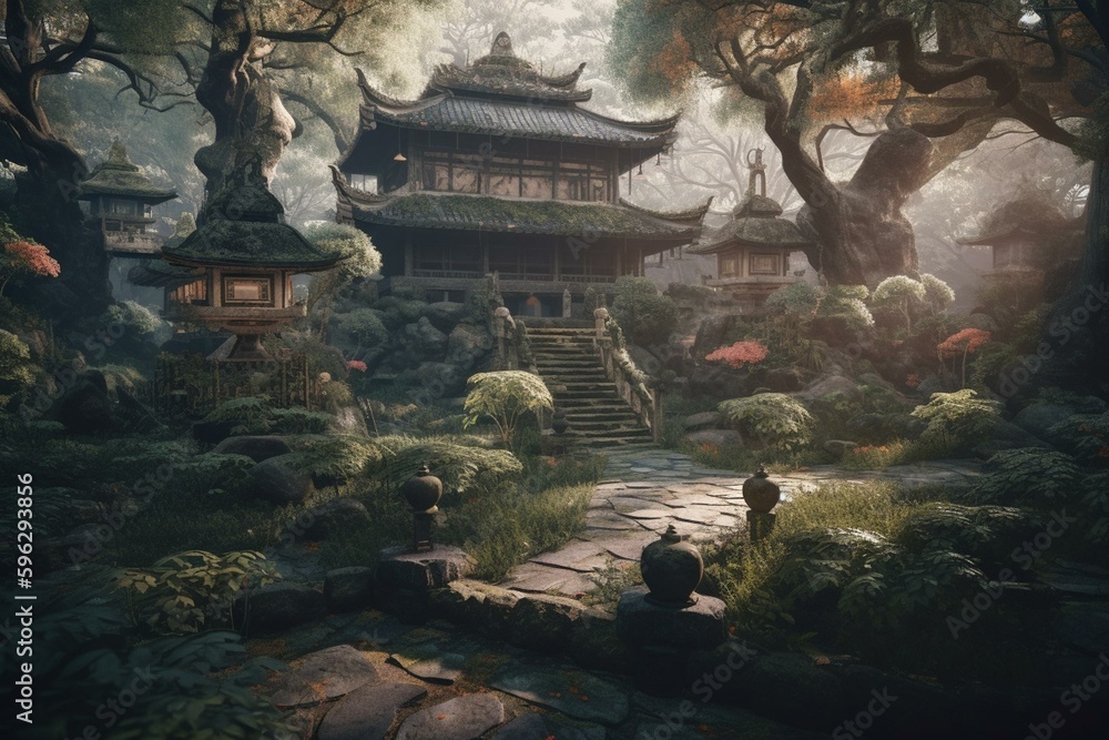 Mysterious Japanese garden with ancient trees and dense forest. 3D illustration. Generative AI