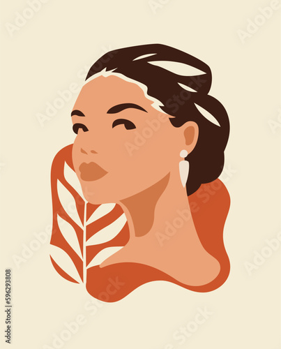 Fashion Asian boho woman beautiful face nature fern branch pastel color paint poster vector flat illustration