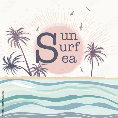 Fashion vector tropical retro poster design with palms, sun and sea