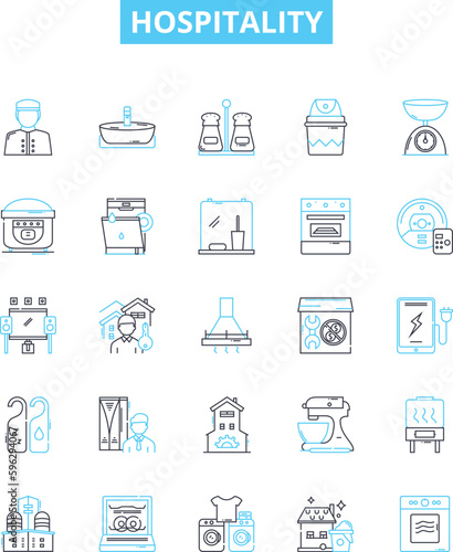 Hospitality vector line icons set. hospitality, accommodation, service, reception, amenities, courtesy, hosting illustration outline concept symbols and signs