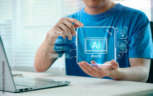 Businessman hand touching with process data on intelligence Ai.Chat GPT Chat with AI Artificial Intelligence on data screen.