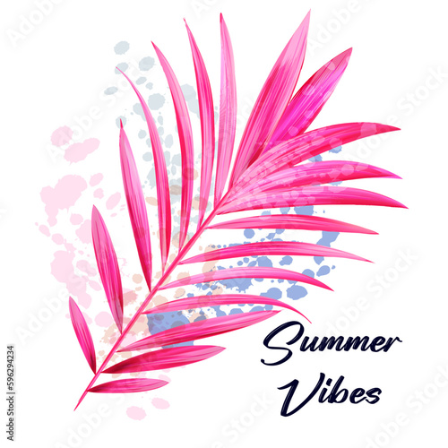 Beautiful illustration with vector tropical pink palm leaf in watercolor style