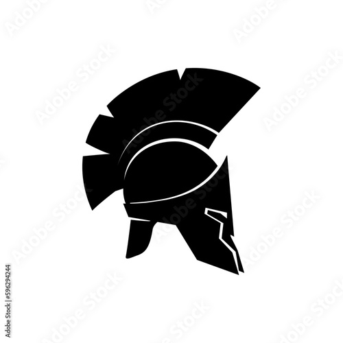 Silhouette antiques Roman or Greek helmet for head protection soldiers with a crest of feathers or horsehair with slits for the eyes and mouth, helmet on a white background, vector illustration