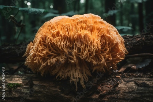 A type of edible mushroom known as lion's mane or hericium erinaceus that resembles a lion's mane. Generative AI
