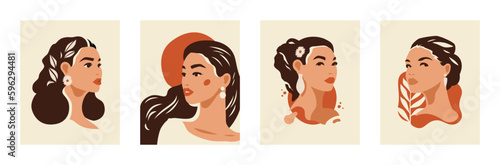 Aesthetic Asian female paint abstract portrait beauty face contemporary art poster set vector flat illustration
